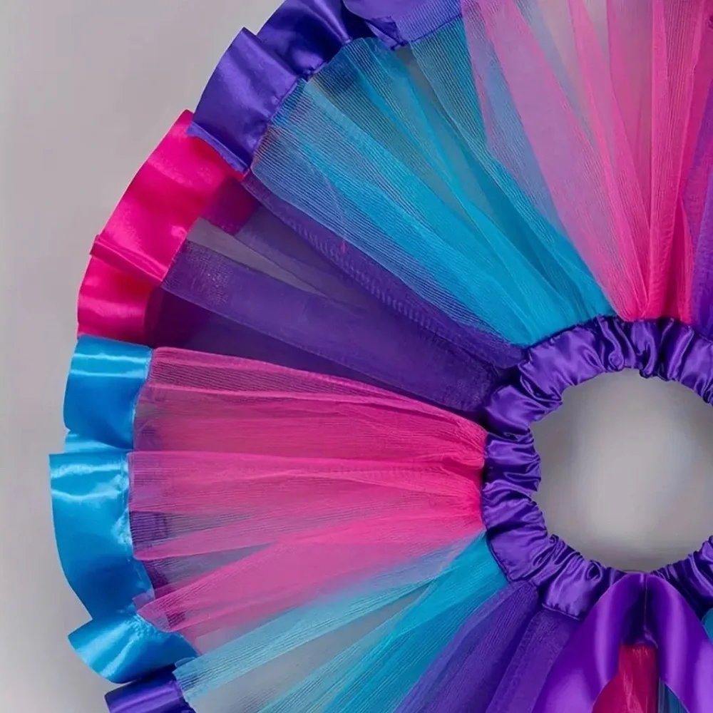 Girls Rainbow Tulle Tutu Skirt | Purple Blue Pink Ruffle Trim w/ Bow | Party